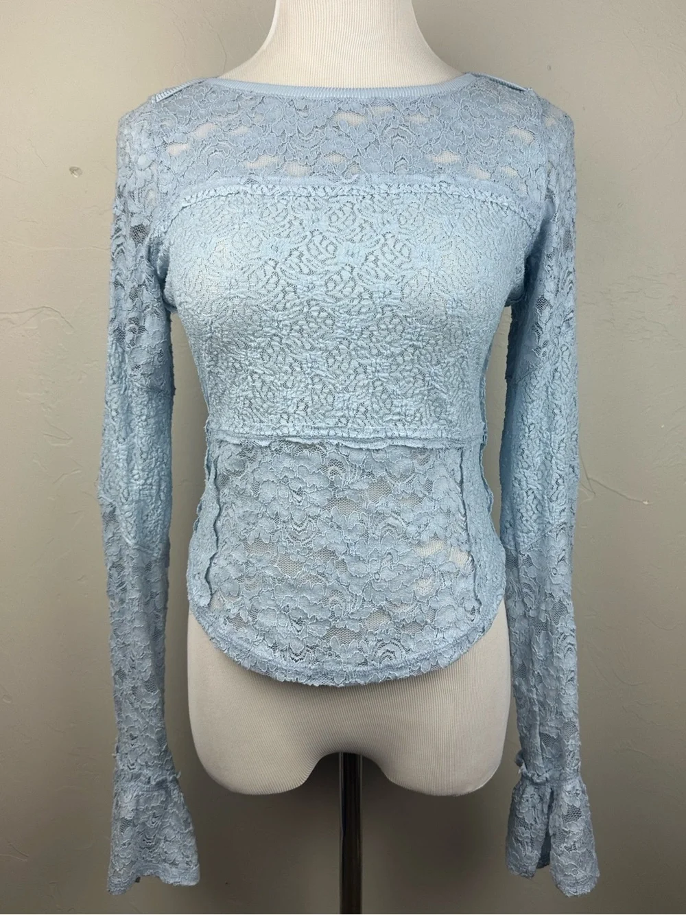 Free People Sheer Lace Flared Long Sleeve Top NWT Blue Small